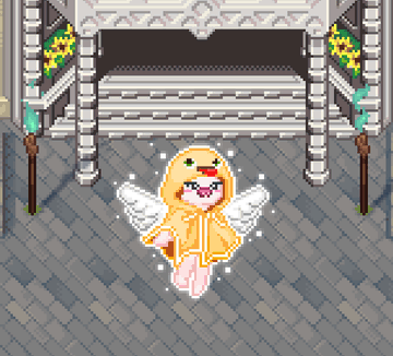 A pixel art scene features a chibi-style angel character with blonde hair, wings, and a golden robe standing on a stone floor in front of a temple-like structure.