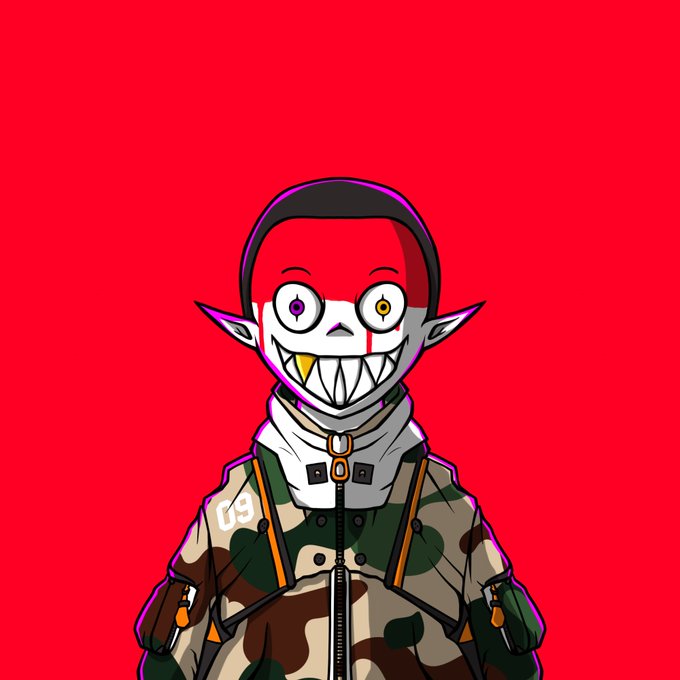 A digital illustration of a creepy elf-like character with a wide toothy grin, red and white face, mismatched eyes, and a camouflage jacket with the number 09 on it, set against a red background.