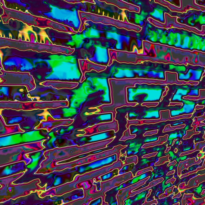 A vibrant abstract digital artwork featuring a chaotic blend of electric greens, blues, purples, and yellows with bold outlined geometric shapes layered across the canvas, perfectly embodying the post's themes of abstract and indeterminate spaces in NFT and crypto art.