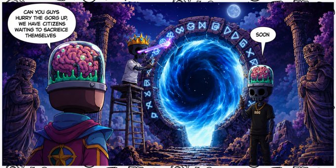 Two glass-domed figures with exposed brains stand before a glowing blue portal inscribed with runes, as a crowned figure on a ladder asks, "Can you guys hurry the gorg up, we have citizens waiting to sacrifice themselves," while a skeletal being in a chain replies, "Soon." The surreal scene illustrates the post's humorous struggle to find competent workers to finish the cosmic gate before impatient Umbra forces arrive.