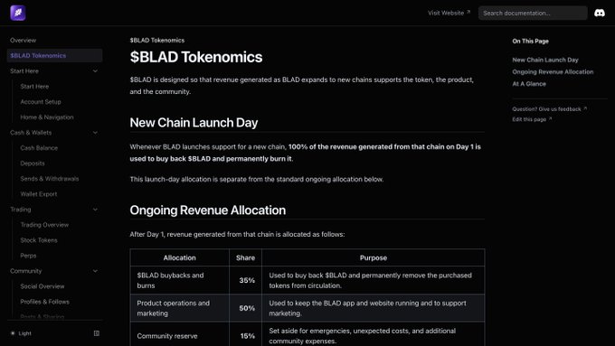 A documentation page titled "$BLAD Tokenomics" explaining the token's revenue allocation, noting that on Day 1 of new chain launches, 100% of revenue is used to buy back and burn $BLAD, with ongoing allocations including 35% for buybacks, 50% for product operations, and 15% for community reserve.