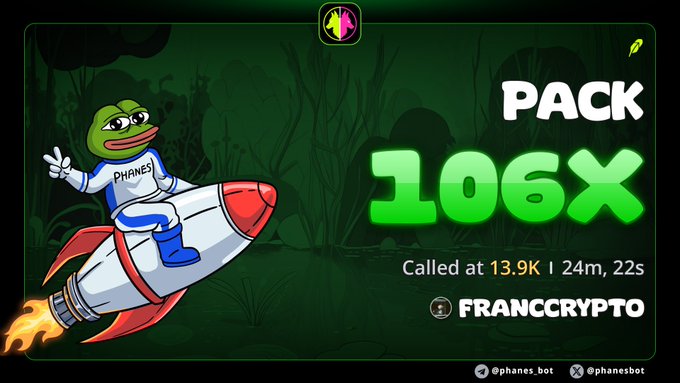 A promotional graphic for the 'Phanes bot' showing a 'PACK 106X' called at 13.9K, featuring Pepe the Frog in a space suit riding a rocket.
