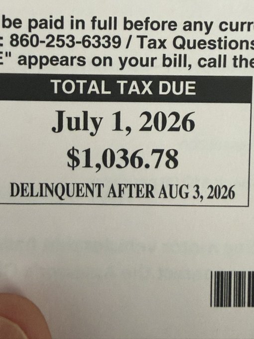 A tax bill showing 'TOTAL TAX DUE July 1, 2026 $1,036.78' with a note that it becomes 'DELINQUENT AFTER AUG 3, 2026' and a phone number for tax questions.