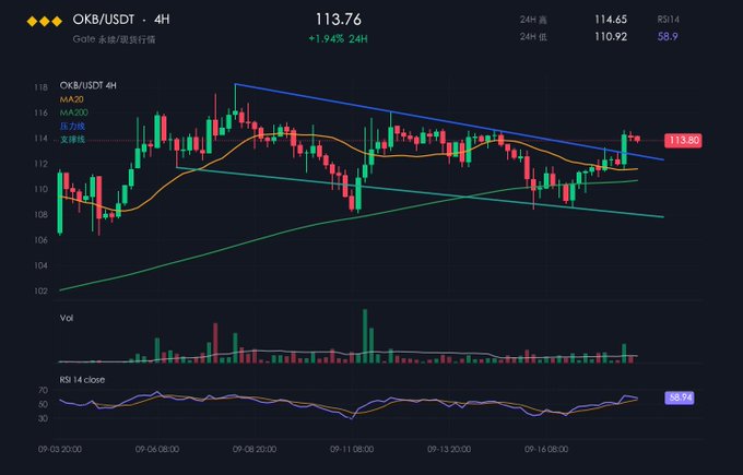 A candlestick chart of OKB/USDT on Gate.io showing a 4-hour price of 113.76 (+1.94% 24H), with moving averages, support lines, volume bars, and an RSI of 58.9.