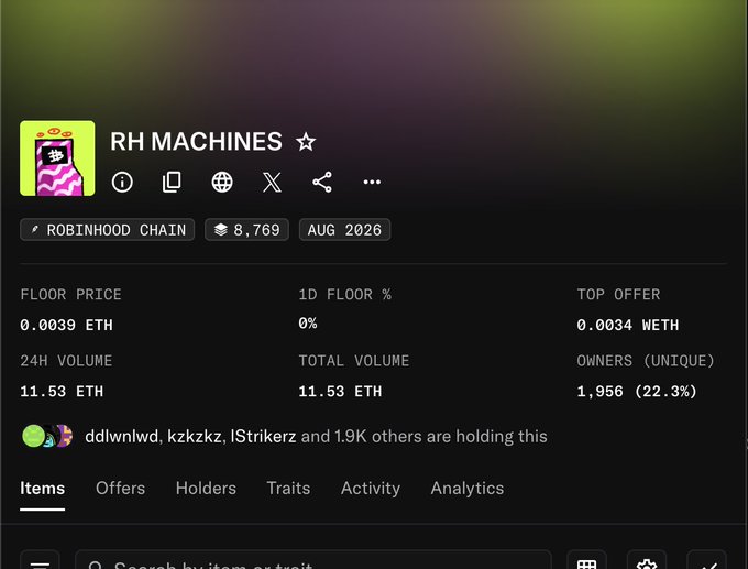 NFT collection page for 'RH MACHINES' on Robinhood Chain, with 8,769 items launching August 2026, showing a floor price of 0.0039 ETH, 24H volume of 11.53 ETH, and 1,956 unique owners.