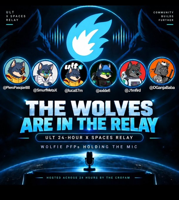 A promotional graphic titled 'THE WOLVES ARE IN THE RELAY' for an 'ULT 24-HOUR X SPACES RELAY' featuring six wolf PFP avatars with usernames including @PieroPasqari88, @SmurfMetaX, @luca87m, @axldefi, @J1mfird, and @DGanjaBaba.