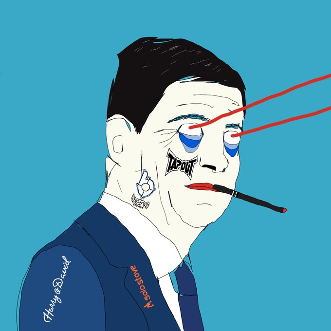 A cartoon illustration of a pale, blue-eyed man in a suit with "KEPOЙ" written under his eye, a "FED" tattoo on his cheek, and a cigarette in his mouth, with red laser-like lines shooting from his eyes—satirically depicting Fed Chair Kevin Warsh as a meme-lord PFP, tying into the post's joke about "Warsh" dropping a 10K PFP NFT on KnownOrifice.