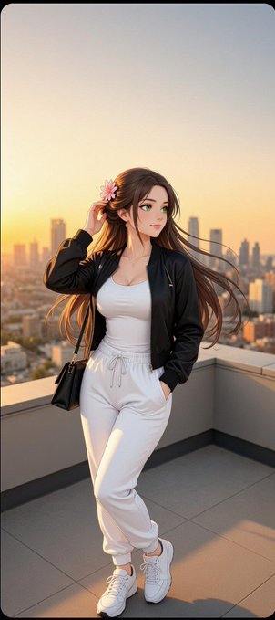 An anime-style illustration of a young woman with long brown hair, wearing a black jacket, white top, and white pants, standing on a rooftop at sunset with a city skyline in the background.