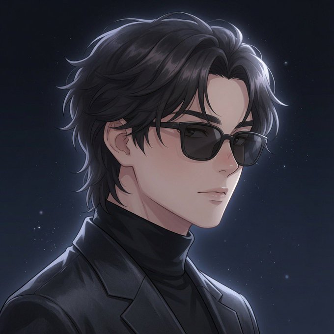 A digital anime-style illustration of a young man with tousled black hair, dark sunglasses, and a black blazer over a turtleneck, set against a starry night sky background.