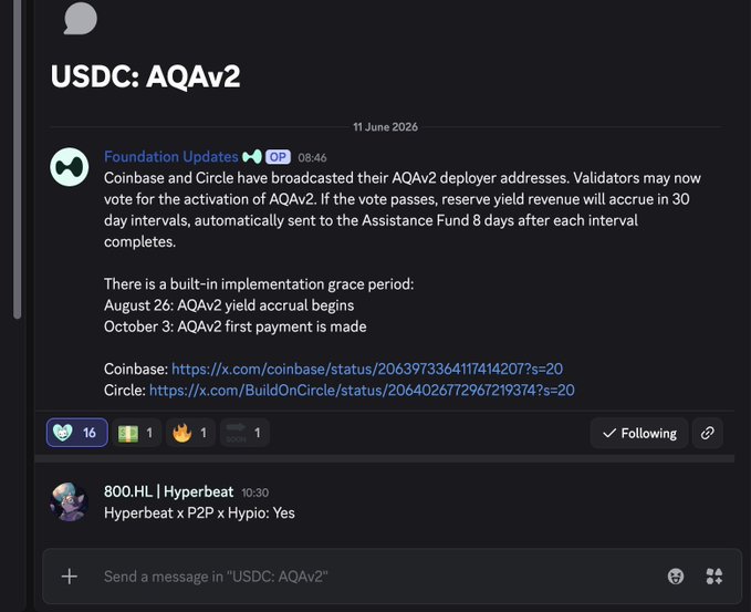 The image features a text document of a conversation between two users, with the main topic being about the USDC (UsdC) AQAV2 update. The document has a green background and black text, which makes it easier for people to read and understand the details. The text is focused on the current status of the USDC AQAV2 project, discussing its progress in terms of activation, reserve yield revenue, and how users' vote might influence the outcome. There are also references to Hyperbeat X P2P X Hypio's recent vote regarding the USDC AQAV2 update.