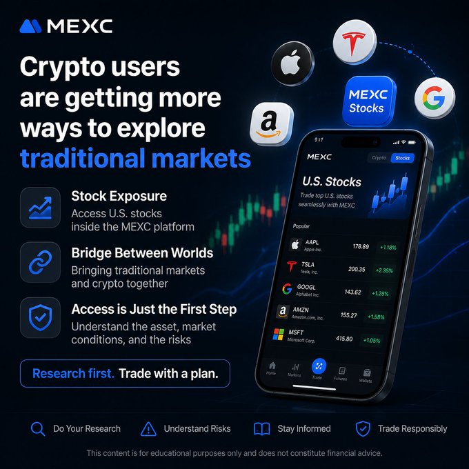 The image is a MEXC promotional graphic announcing U.S. stock trading on the platform, featuring a smartphone mockup displaying a "U.S. Stocks" section with popular tickers including AAPL at $178.89 (+1.18%), TSLA at $200.35 (+2.35%), GOOGL at $143.02 (+1.26%), AMZN at $155.27 (+1.58%), and MSFT at $415.80 (+1.05%), alongside brand logos for Apple, Tesla, Amazon, and Google. The graphic highlights three key points—Stock Exposure, Bridge Between Worlds, and Access is Just the First Step—with a tagline "Research first. Trade with a plan," reinforcing the post's message about crypto users gaining access to traditional markets while emphasizing the need for research and risk awareness.