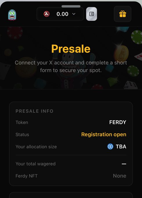A mobile app screenshot showing a 'Presale' page for a token called FERDY, with status marked as 'Registration open' and allocation size as 'TBA'.