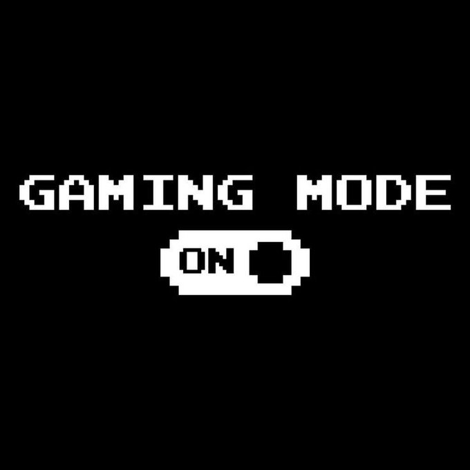 A black screen with pixelated white text reading "GAMING MODE" above a toggle switch set to "ON."