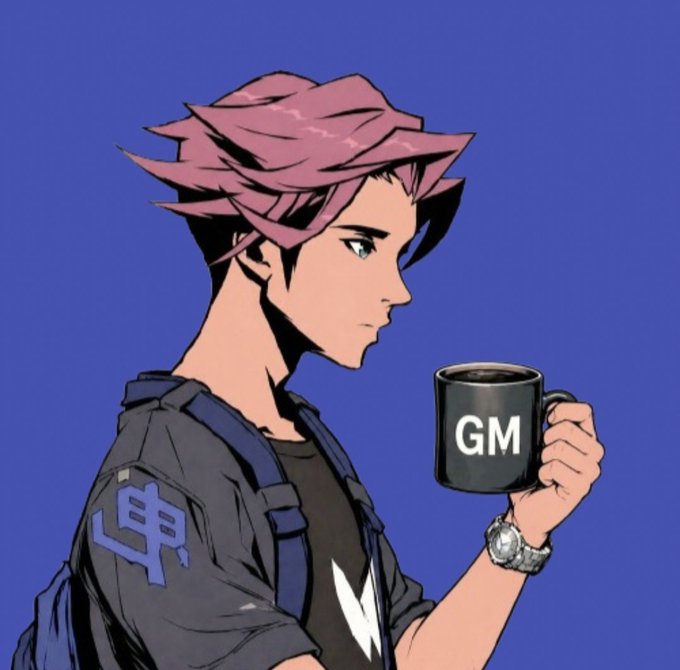 Anime-style illustration of a character with pink hair holding a black mug that says 'GM' against a blue background.