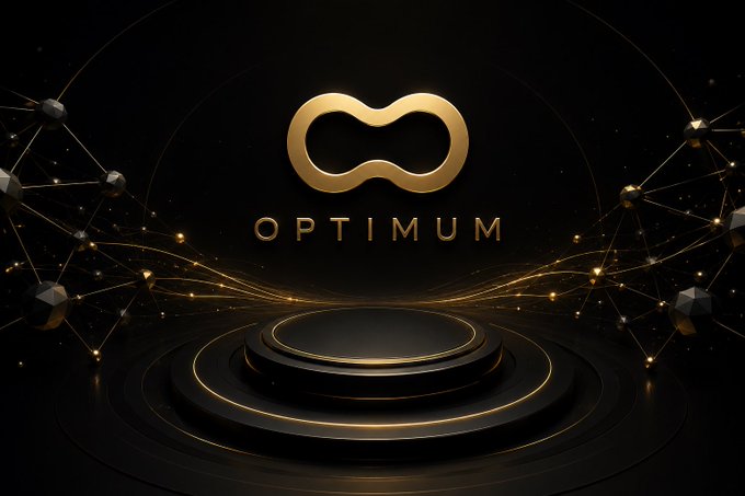 A sleek black and gold promotional image featuring the "OPTIMUM" logo with an infinity symbol above it, displayed on a circular stage with geometric network nodes and light particles surrounding it, visually reinforcing the post's message about Optimum as a blockchain data transfer network.