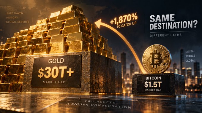 Comparison graphic showing Gold ($30T+ Market Cap) as a large stack of bars versus Bitcoin ($1.5T Market Cap) as a coin, with text noting Bitcoin needs '+1,870% TO CATCH UP'.