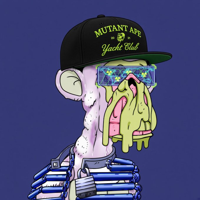 A digital illustration of a Bored Ape-style NFT character wearing a 'MUTANT APE 2021 Yacht Club' black cap, cyber shades, and multiple chains and padlocks around its neck.