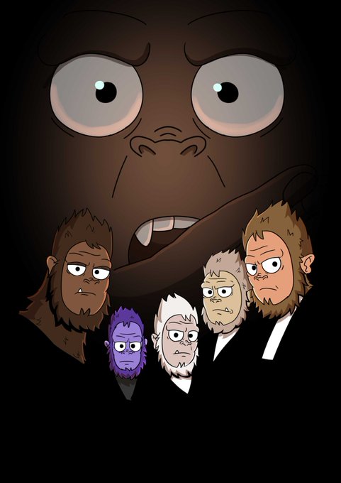 A cartoon illustration features five small, bearded character heads lined up against a black background with a large, stylized face looming behind them.