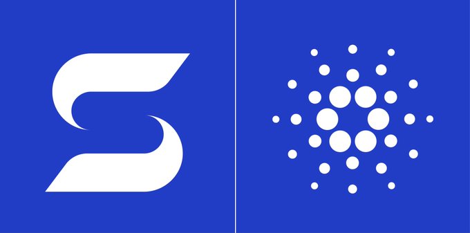 Two cryptocurrency logos are displayed side by side on blue backgrounds: a stylized white 'S' on the left and a circular pattern of white dots on the right, representing Stellar (XLM) and Cardano (ADA).