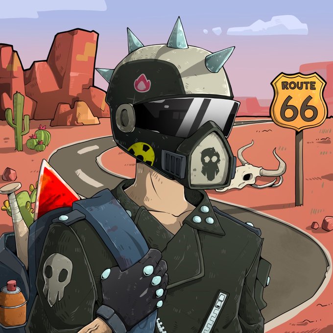 A digital illustration of a character wearing a spiked helmet with a skull design and gas mask, standing in a desert landscape with a Route 66 sign, cacti, and red rock formations in the background.