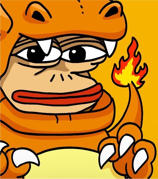 A cartoon illustration of an orange dinosaur or dragon character with sharp teeth, claws, and a flame next to it, set against a yellow background.