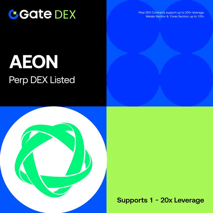 Gate DEX announces the listing of $AEON (AEON_Community) on its Perp DEX, with the trading pair $AEON/$USDT now live and supporting 1-20x leverage. The promotional graphic highlights "Perp DEX Listed" branding and notes that Perp DEX Contracts support up to 200x leverage platform-wide.