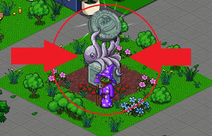 A pixel-art game scene showing a statue of an octopus holding a coin in a garden, with a purple-cloaked wizard character and two large red arrows pointing inward.