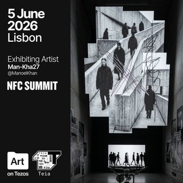 The image depicts a room with people walking around and looking at various pieces of art displayed throughout the space. The artworks include paintings, sculptures, and installations that create an engaging atmosphere for visitors. A sign in front of the artwork reads "RENOVO- is one of the curated works for @TeiaCommunity exhibition #CyclesNFCLisbon @artontezos_ Lisbon show June 5th! No beginning, no end. Only recirculation." The image also includes some text and a logo that provide information about the event.