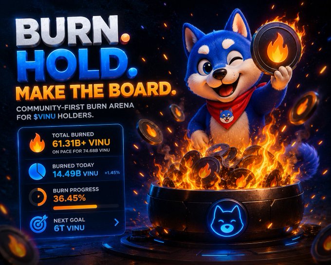 A promotional graphic for a 'VINU' token burn event featuring a blue Shiba Inu dog mascot holding a fiery coin, with statistics showing 61.31B+ VINU burned and 36.45% burn progress.