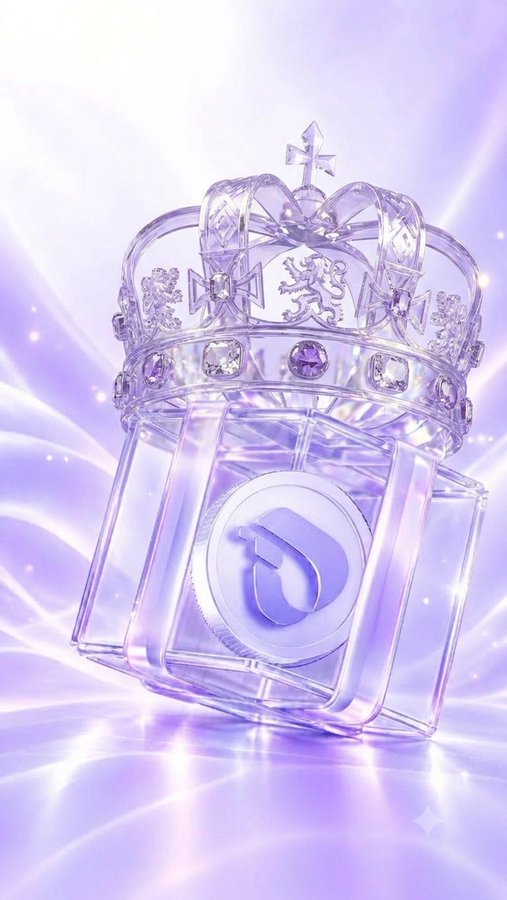 A stylized 3D render features an ornate jeweled crown resting atop a transparent cube with a letter 'J' emblem, glowing against a soft lavender backdrop.