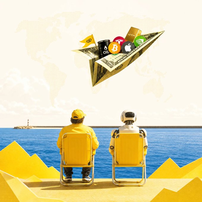 A person and a robot sit side by side in yellow beach chairs, looking out at the sea while a paper boat filled with global commodities—featuring logos for Bitcoin (₿), Apple (🍎), oil, and dollar bills—floats above them, symbolizing the range of investment opportunities facing both humans and AI in today's economy.
