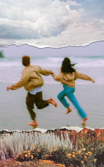 A surreal vintage-style collage of two barefoot figures in sweaters and jeans running mid-air across a layered landscape of clouds, lavender fields, and yellow wildflowers.