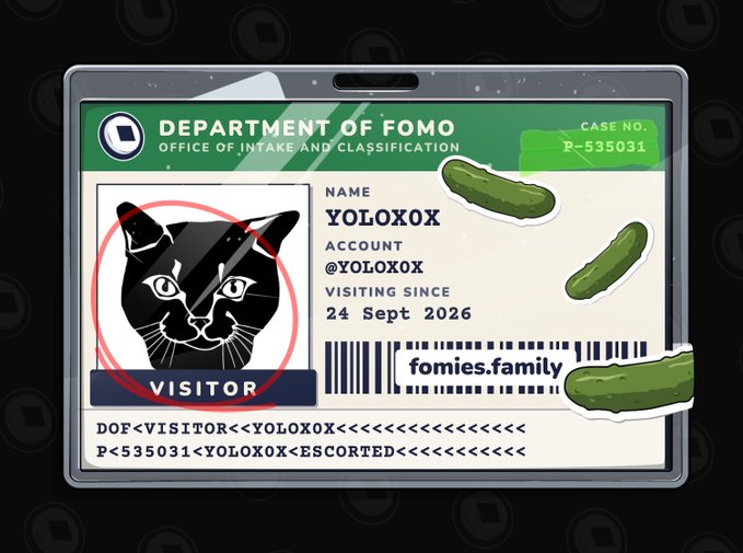 A visitor ID card for the 'Department of Fomo' displays the name 'Yoloxox' with a cat photo and pickle decorations.