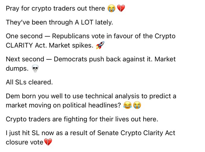 A social media post reading: "Pray for crypto traders out there 😭💔 They've been through A LOT lately. One second — Republicans vote in favour of the Crypto CLARITY Act. Market spikes. 🚀 Next second — Democrats push back against it. Market dumps. 💀 All SLs cleared. Dem born you well to use technical analysis to predict a market moving on political headlines?😂😂 Crypto traders are fighting for their lives out here. I just hit SL now as a result of Senate Crypto Clarity Act closure vote💔"