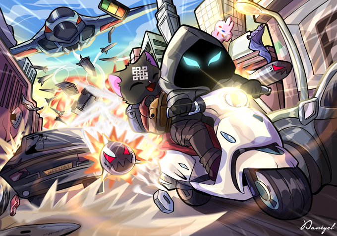 A vibrant digital illustration features a hooded, glowing-eyed character with a small pink creature riding a futuristic white scooter through a chaotic, action-packed cityscape.