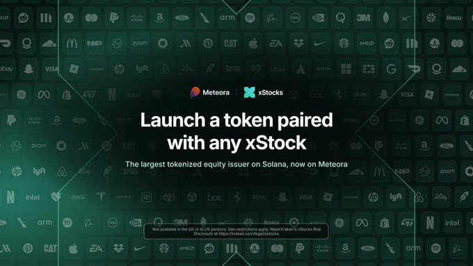 Promotional banner for Meteora's partnership with xStocks announcing the ability to launch tokens paired with tokenized equities on Solana, featuring logos for brands like Amazon (AMZN), Netflix (NFLX), Palantir (PLTR), Meta (META), Spotify (SPOT), Nike, EA, Uber, and Visa in the background grid. The image directly supports the post by visually showcasing the wide array of major companies available as xStock pairings for new token launches.