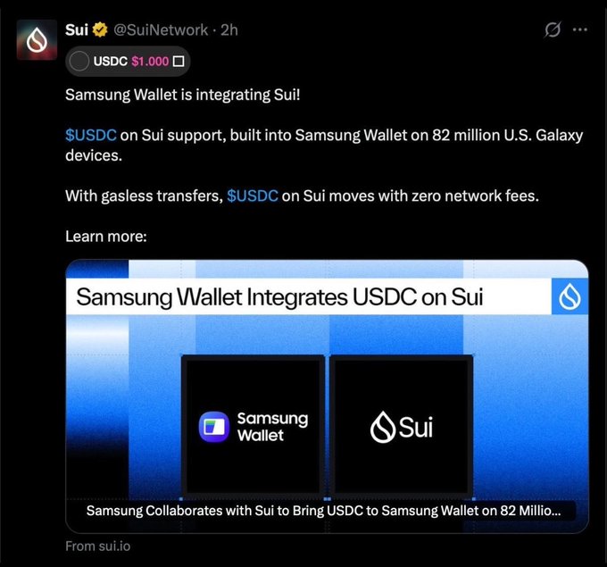 A tweet from Sui (@SuiNetwork) announcing 'Samsung Wallet Integrates USDC on Sui', noting gasless transfers and integration on 82 million U.S. Galaxy devices.