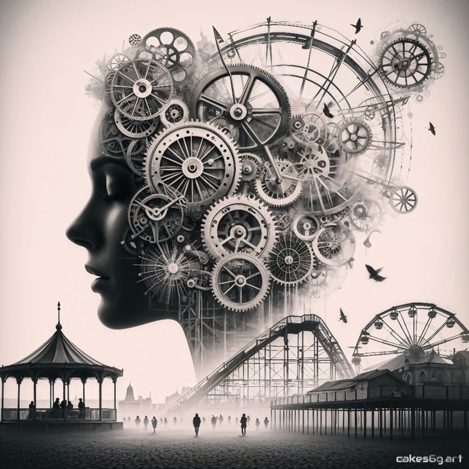 The image features a woman's head with gears and wheels surrounding her, giving the impression of a clock face or a brain. The scene includes a ferris wheel and other amusement park rides, suggesting that this artwork could be related to an amusement park or a themed event. The caption "Monochrome Matters" implies that the art piece is monochromatic in color scheme, which adds to its visual impact and artistic value.