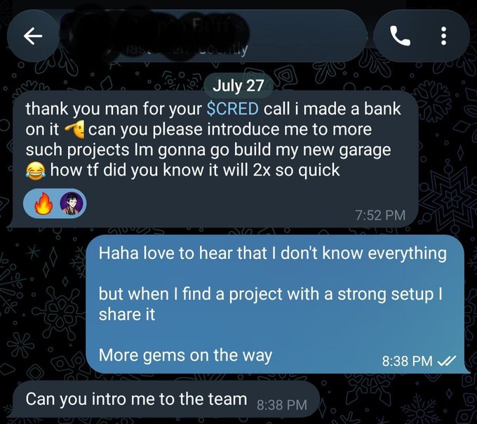 A direct message conversation where a user thanks someone for a $CRED call and asks to be introduced to the team and more projects.