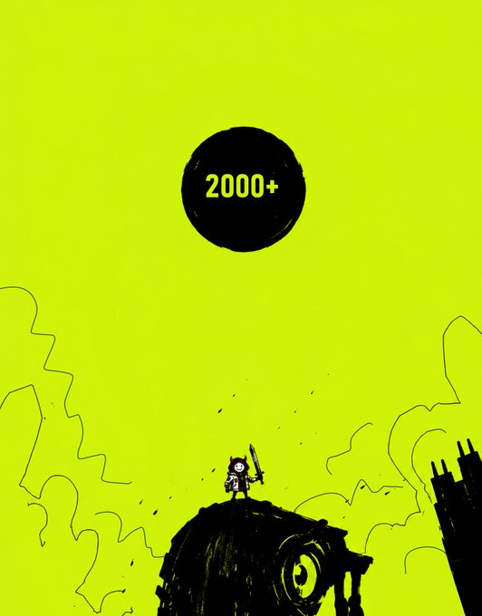 A neon green graphic with a black circle displaying '2000+' and a small illustrated figure standing on a dark mound below it.