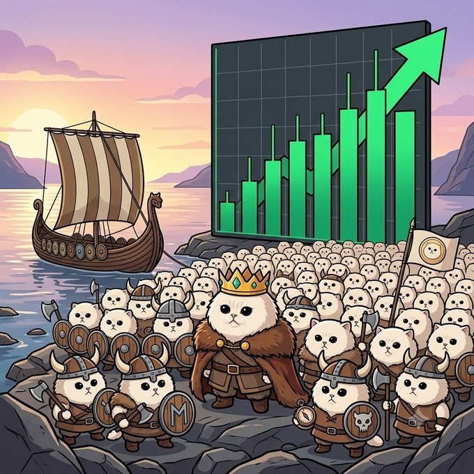 A crowned white cat warrior stands at the forefront of an army of Viking-style cats on a rocky shore, with a Viking ship and a rising green bar chart with an upward arrow in the background—symbolizing the explosive growth and community momentum of Mochi Cat ($MOCHI).