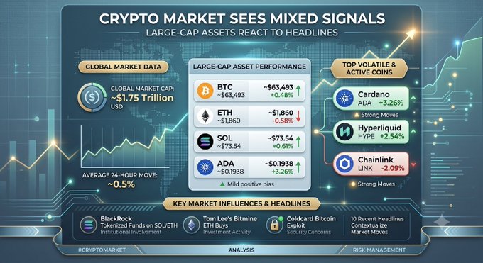 A crypto market infographic titled 'CRYPTO MARKET SEES MIXED SIGNALS' displaying a global market cap of ~$1.75 Trillion, large-cap performance (BTC, ETH, SOL, ADA), and top movers including Cardano +3.26%, Hyperliquid +2.54%, and Chainlink -2.09%.