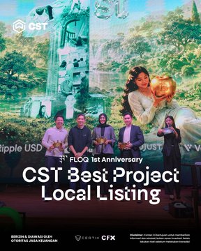 A celebratory group photo commemorates the CST Best Project Local Listing award at the FLOQ 1st Anniversary event. The image features several individuals holding awards in front of a large backdrop that displays the text "FLOQ 1st Anniversary" and "CST Best Project Local Listing."