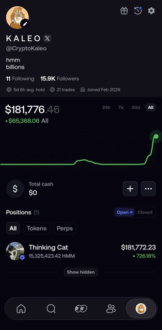 KALEO (@CryptoKaleo)'s portfolio screenshot shows a $181,776.46 balance (+$65,368.06 all-time) with a single position in "Thinking Cat" ($HMM) worth $181,772.23, up 726.19% on 15,325,423.42 HMM tokens. The post declares his intent to reclaim the FOMO leaderboard simply by holding and accumulating more $HMM, tying his current massive gains into a pitch for patience and conviction.