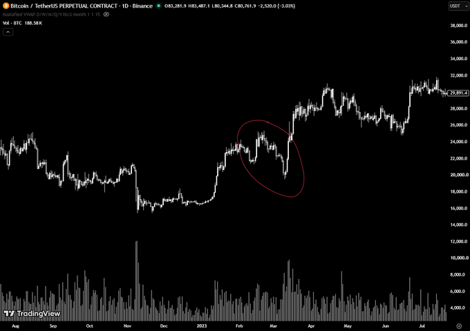 A TradingView candlestick chart of the Bitcoin/TetherUS perpetual contract on Binance shows BTC briefly dipping to around $19,000 in March 2023 (circled in red)—the moment "everyone thought crypto was cooked" during the Circle/USDC depeg—before rallying to $30,383.94, visually reinforcing how a temporary "fud" turned out to be a buying opportunity.