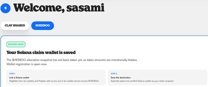 A webpage welcoming 'sasami' and confirming that their Solana claim wallet is saved for the SHEEBOO and CLAY SHARES token allocations.