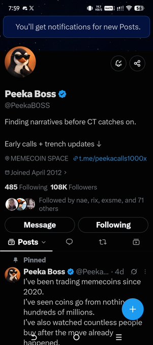 A Twitter profile page for 'Peeka Boss' (@PeekaBOSS), noting '108K Followers' and 'Finding narratives before CT catches on.'