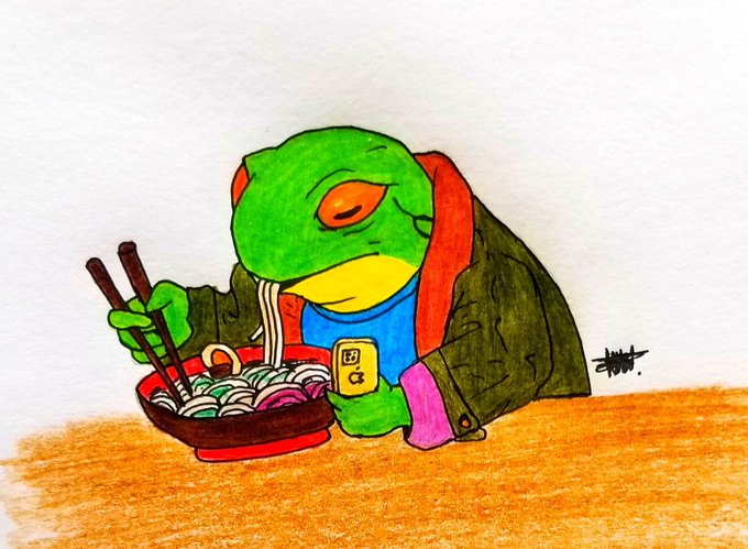 iced noodles with a green frog holding chopsticks and a phone, seated at a table against a white background.