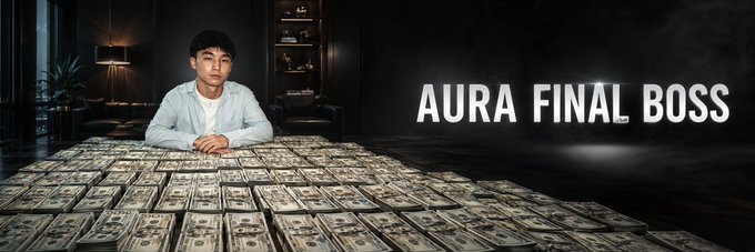 A young man sits behind a massive spread of stacked US dollar bills in a dimly lit room, with the bold text "AURA FINAL BOSS" displayed on the right—visually emphasizing the post's theme of influencers being rewarded with massive crypto wallets, similar to claims about TJR and Luke Belmar.