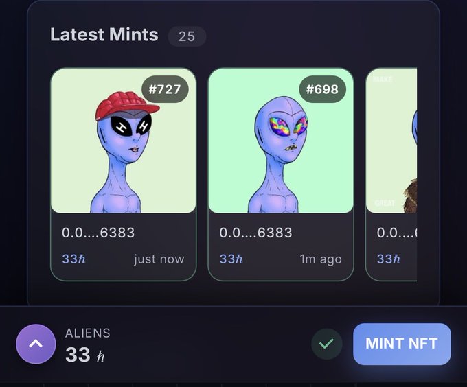 A dark-themed UI panel titled "Latest Mints" displaying NFT collectible cards featuring blue alien characters (#727 and #698) with a countdown timer of "33h" and a "MINT NFT" button at the bottom.